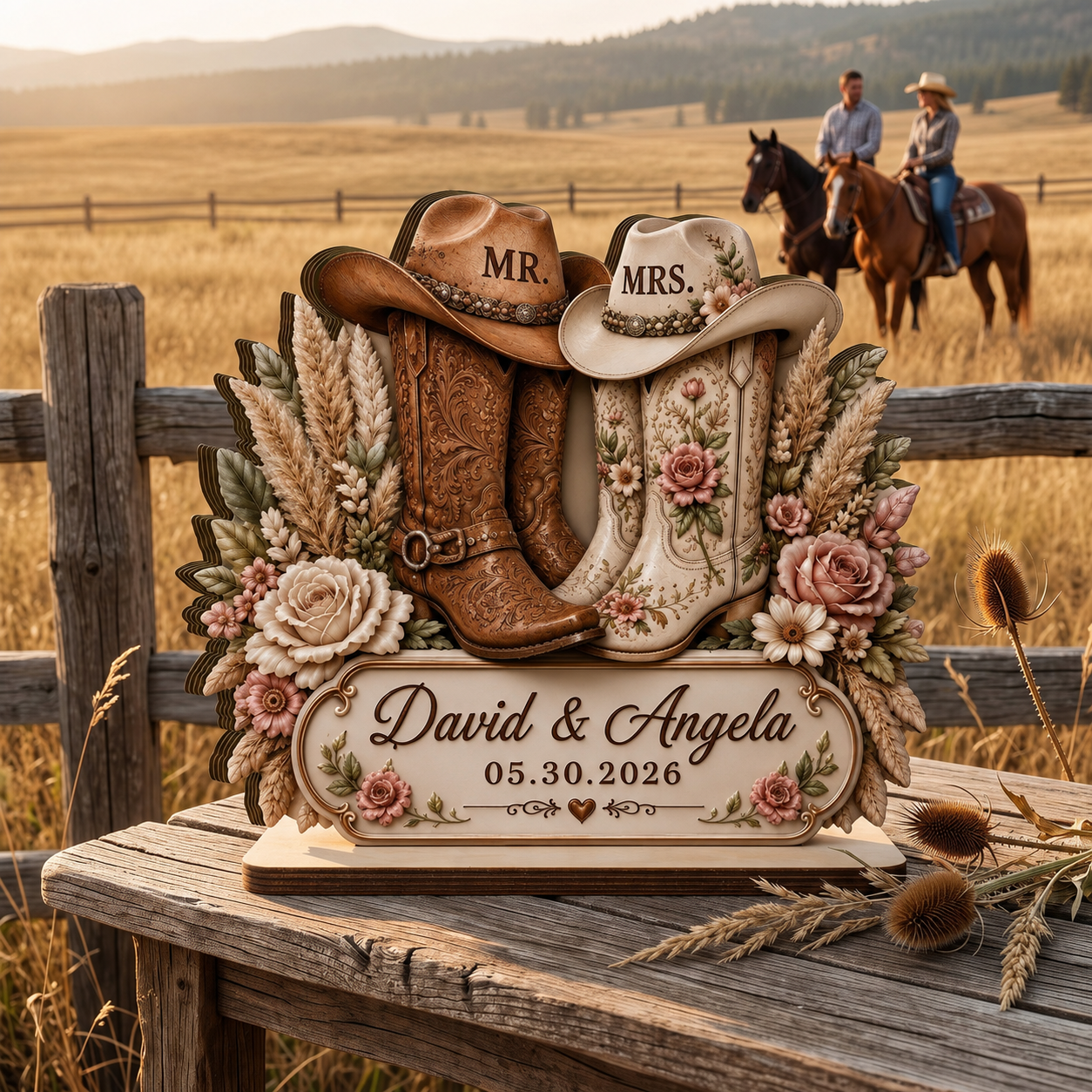 Rustic Cowboy Boots Personalized Wedding Wooden Block, Custom Anniversary Gift for Couples