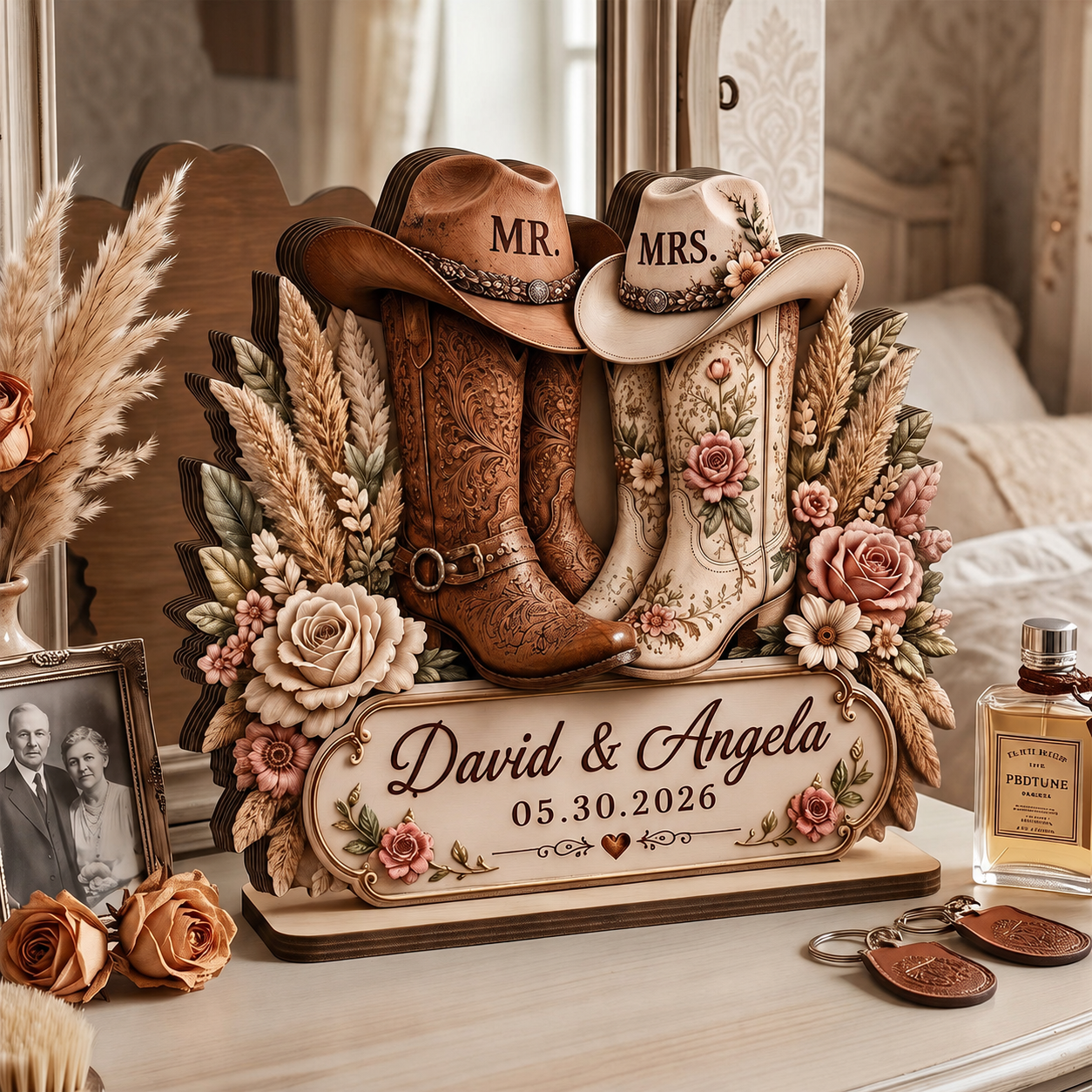 Rustic Cowboy Boots Personalized Wedding Wooden Block, Custom Anniversary Gift for Couples