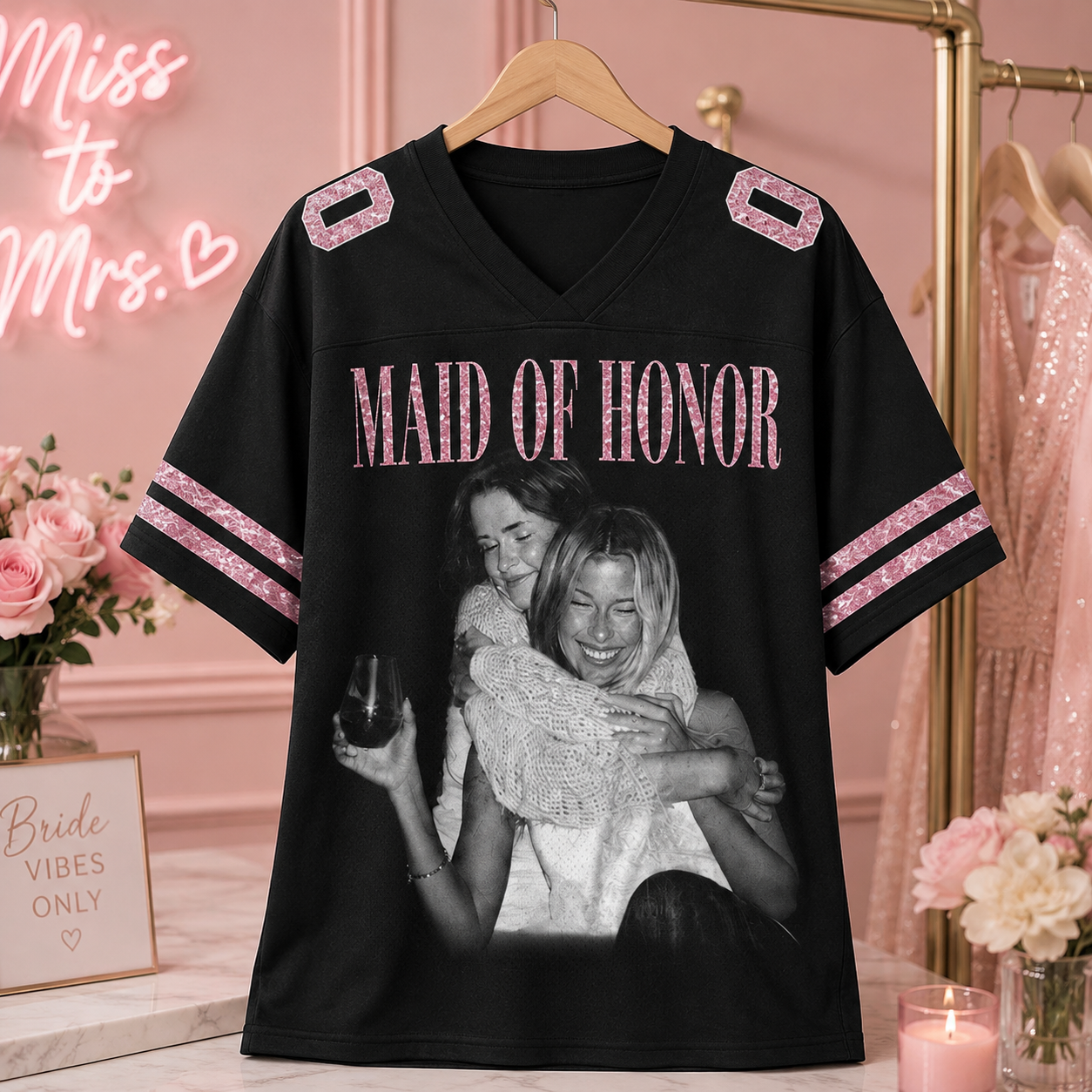 Custom Bridal Party Football Jersey, Personalized Photo Name & Number Shirt, Sequin Glitter Bridesmaid Jersey, Maid of Honor Wedding Game Day Top