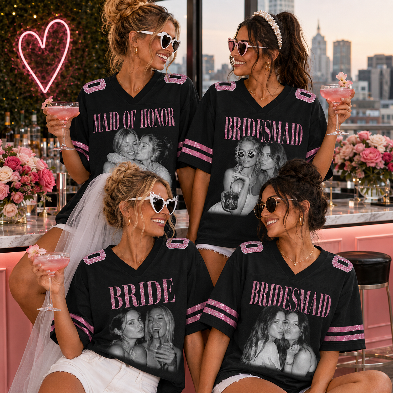 Custom Bridal Party Football Jersey, Personalized Photo Name & Number Shirt, Sequin Glitter Bridesmaid Jersey, Maid of Honor Wedding Game Day Top