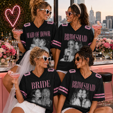 Custom Bridal Party Football Jersey, Personalized Photo Name & Number Shirt, Sequin Glitter Bridesmaid Jersey, Maid of Honor Wedding Game Day Top