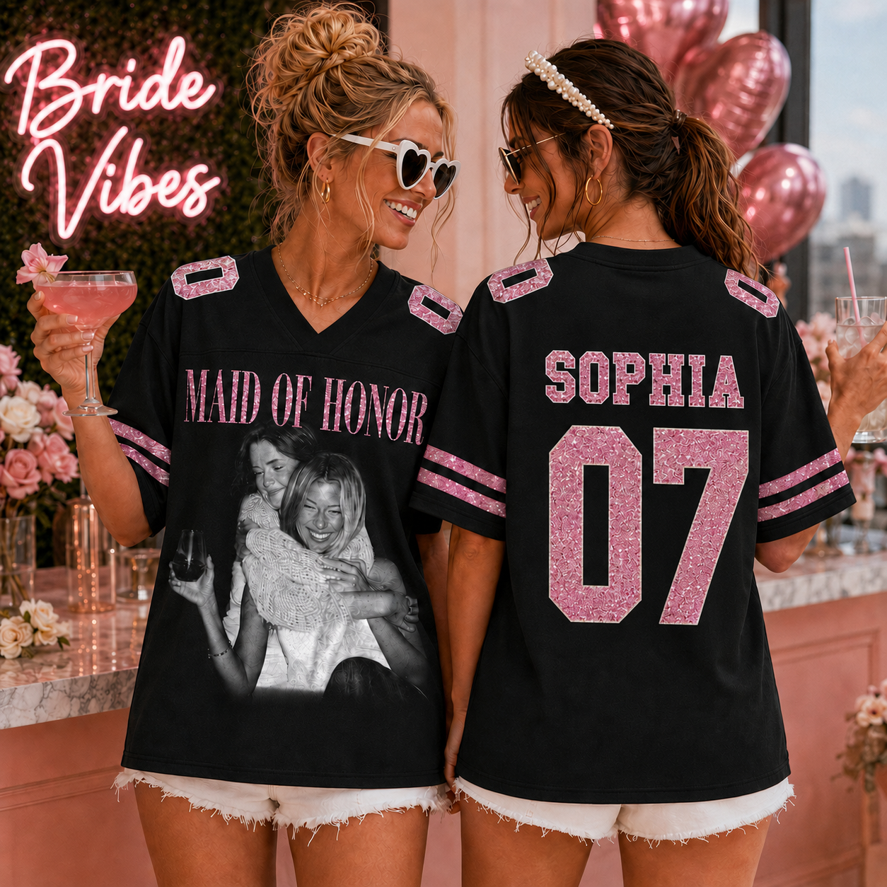 Custom Bridal Party Football Jersey, Personalized Photo Name & Number Shirt, Sequin Glitter Bridesmaid Jersey, Maid of Honor Wedding Game Day Top