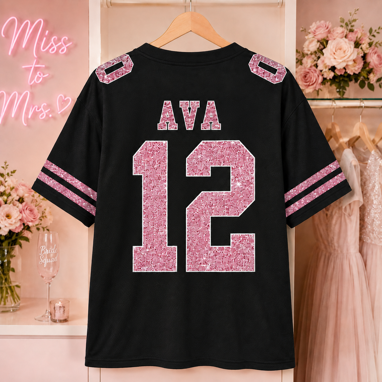 Custom Bridal Party Football Jersey, Personalized Photo Name & Number Shirt, Sequin Glitter Bridesmaid Jersey, Maid of Honor Wedding Game Day Top