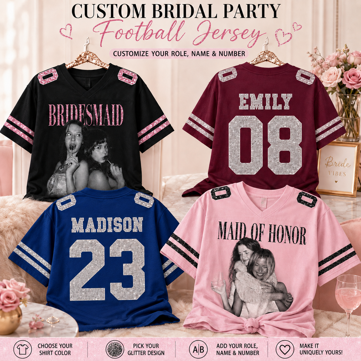 Custom Bridal Party Football Jersey, Personalized Photo Name & Number Shirt, Sequin Glitter Bridesmaid Jersey, Maid of Honor Wedding Game Day Top