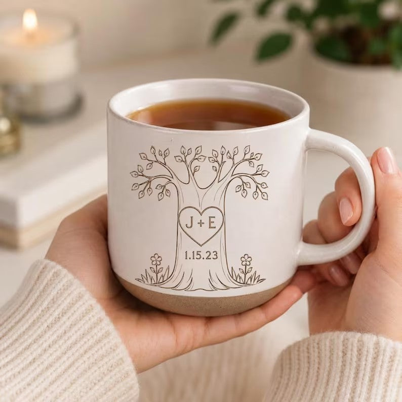 Personalized Couple Pottery Mug, Printed or Engraved Heart Tree Mug, Custom Initials & Date, Anniversary Gift, Wedding Gift, Romantic Keepsake