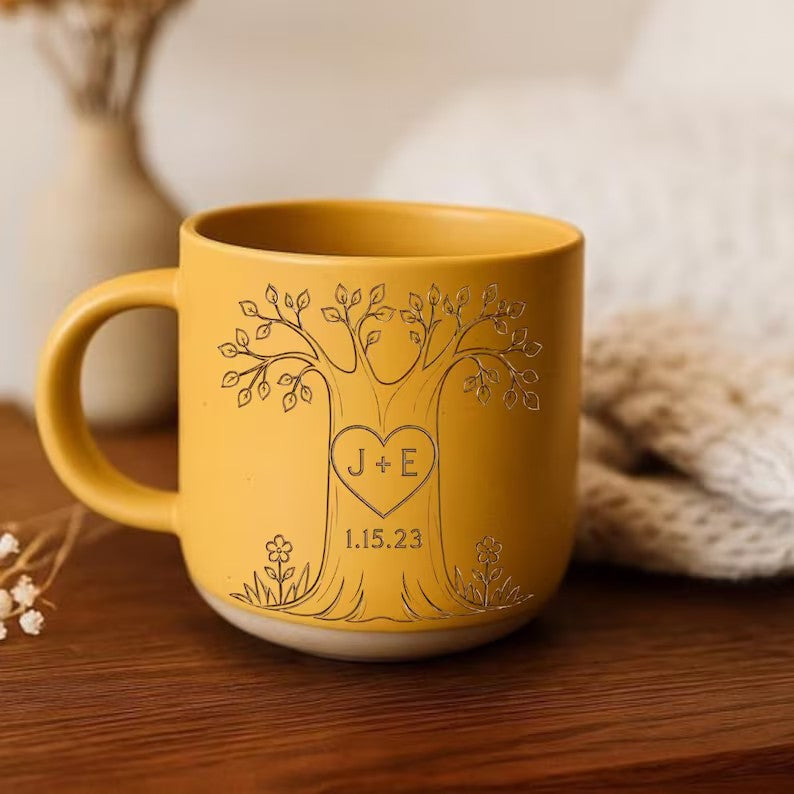 Personalized Couple Pottery Mug, Printed or Engraved Heart Tree Mug, Custom Initials & Date, Anniversary Gift, Wedding Gift, Romantic Keepsake
