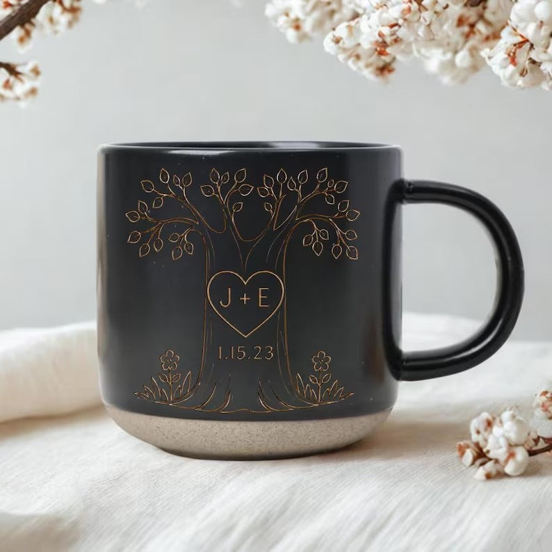 Personalized Couple Pottery Mug, Printed or Engraved Heart Tree Mug, Custom Initials & Date, Anniversary Gift, Wedding Gift, Romantic Keepsake