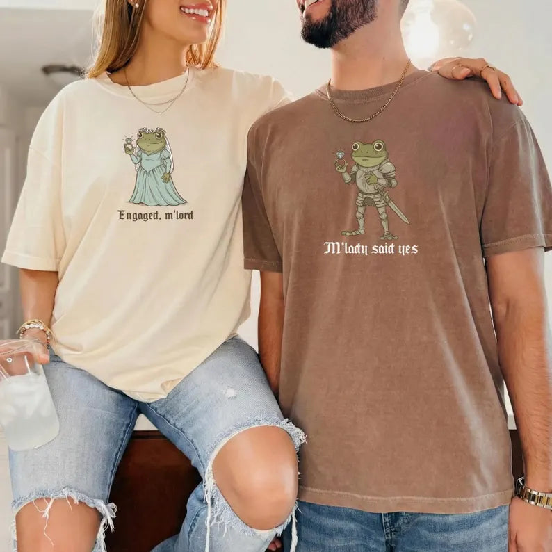 Funny Frog Engagement Shirts, Matching Fiancé and Fiancée Tees, Medieval Couple Announcement Gift