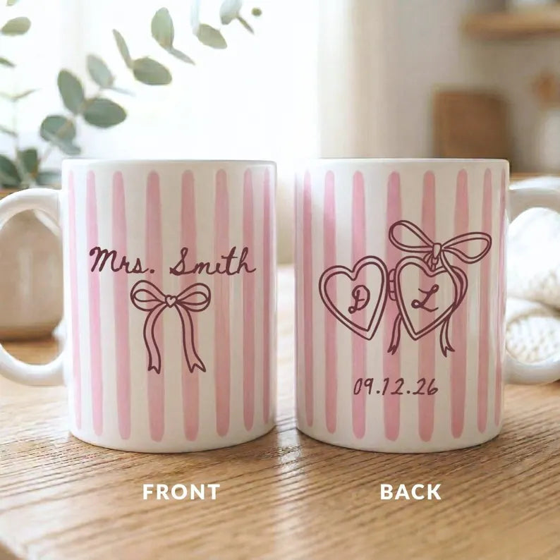 Personalized Future Mrs Striped Mug, Custom Wedding Date Coffee Cup, Bride to Be Gift, Bridal Shower Present, Engagement Gift, Newlywed Keepsake