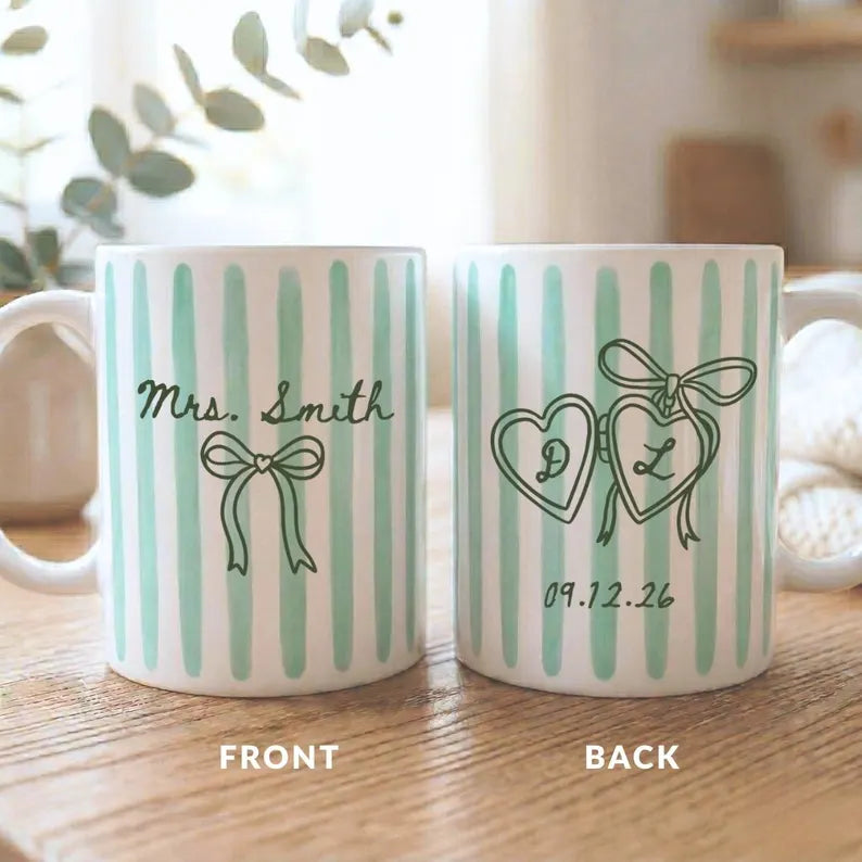 Personalized Future Mrs Striped Mug, Custom Wedding Date Coffee Cup, Bride to Be Gift, Bridal Shower Present, Engagement Gift, Newlywed Keepsake