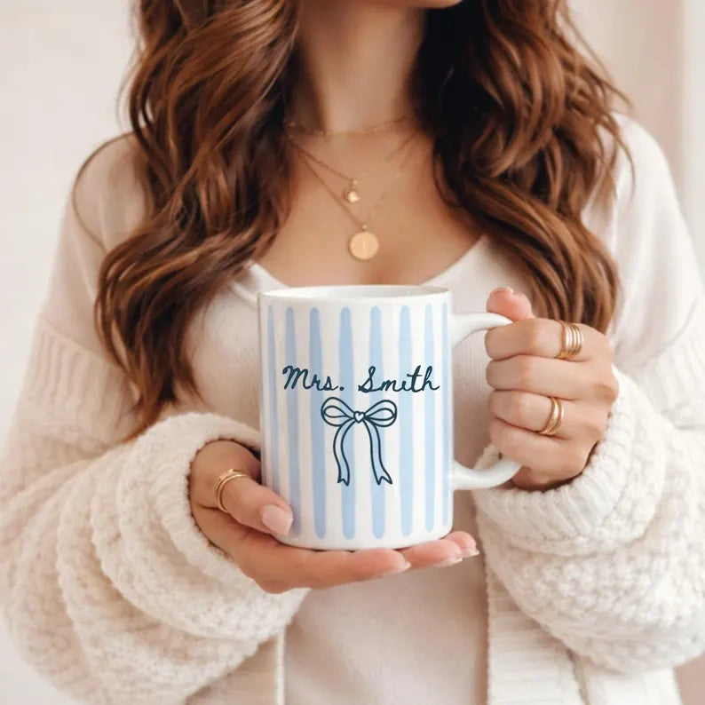 Personalized Future Mrs Striped Mug, Custom Wedding Date Coffee Cup, Bride to Be Gift, Bridal Shower Present, Engagement Gift, Newlywed Keepsake