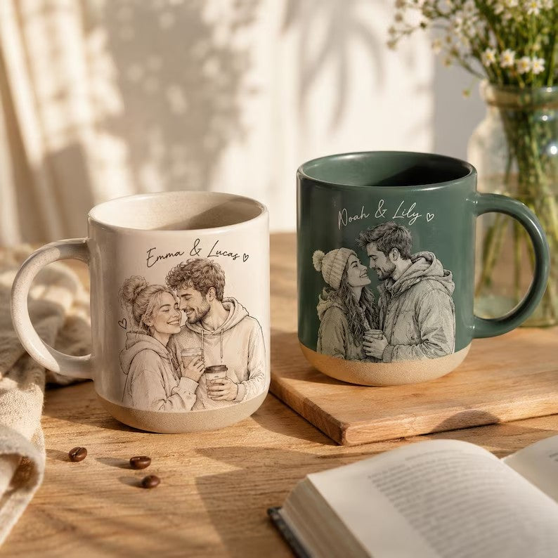 Personalized Watercolor Couple Photo Mug, Custom Portrait Coffee Cup, Anniversary Gift for Couples, Wedding Keepsake, Romantic Gift