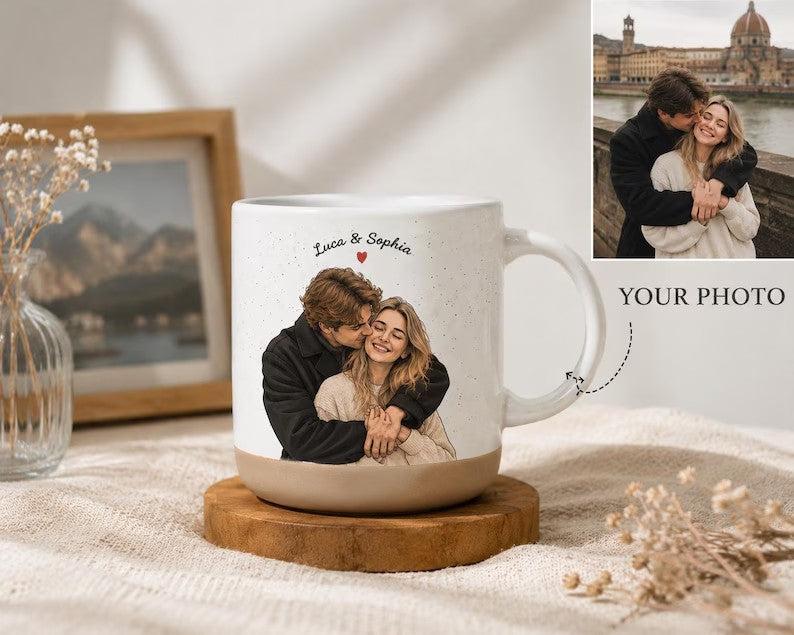Personalized Watercolor Couple Photo Mug, Custom Portrait Coffee Cup, Anniversary Gift for Couples, Wedding Keepsake, Romantic Gift