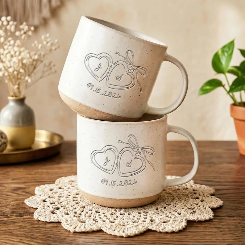 Personalized Couple Pottery Mug, Printed or Engraved Initials Heart Mug, Anniversary Gift, Wedding Gift for Couple, Romantic Keepsake