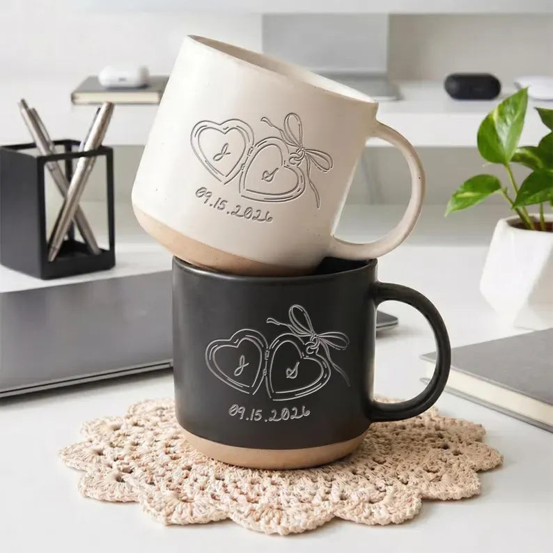 Personalized Couple Pottery Mug, Printed or Engraved Initials Heart Mug, Anniversary Gift, Wedding Gift for Couple, Romantic Keepsake
