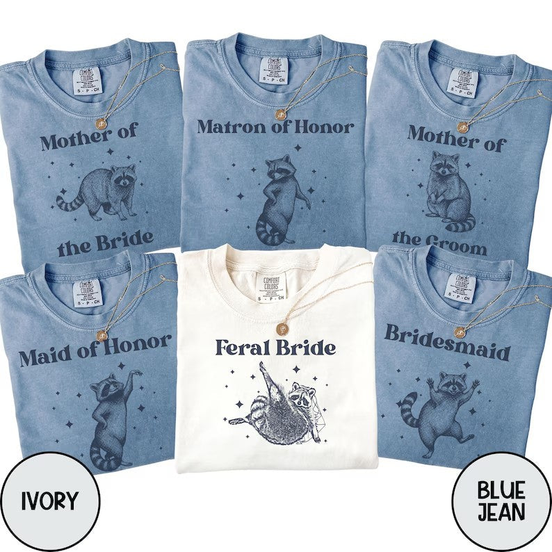 Personalized Funny Raccoon Bridal Party Shirts, Bride, Bridesmaid and Maid of Honor Matching Wedding Tees
