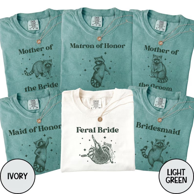 Personalized Funny Raccoon Bridal Party Shirts, Bride, Bridesmaid and Maid of Honor Matching Wedding Tees