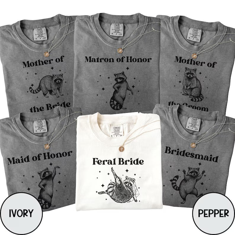 Personalized Funny Raccoon Bridal Party Shirts, Bride, Bridesmaid and Maid of Honor Matching Wedding Tees