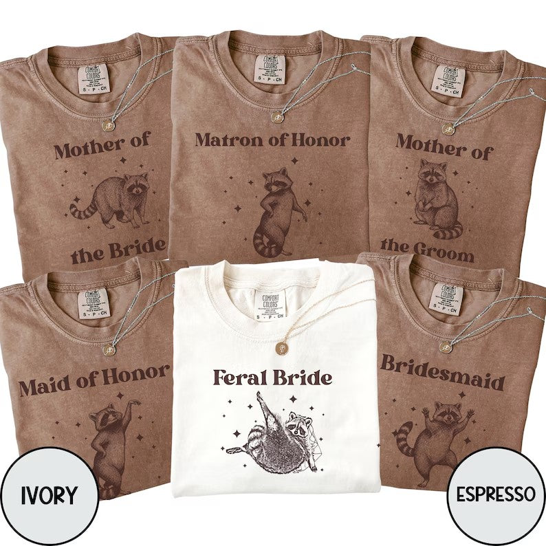 Personalized Funny Raccoon Bridal Party Shirts, Bride, Bridesmaid and Maid of Honor Matching Wedding Tees