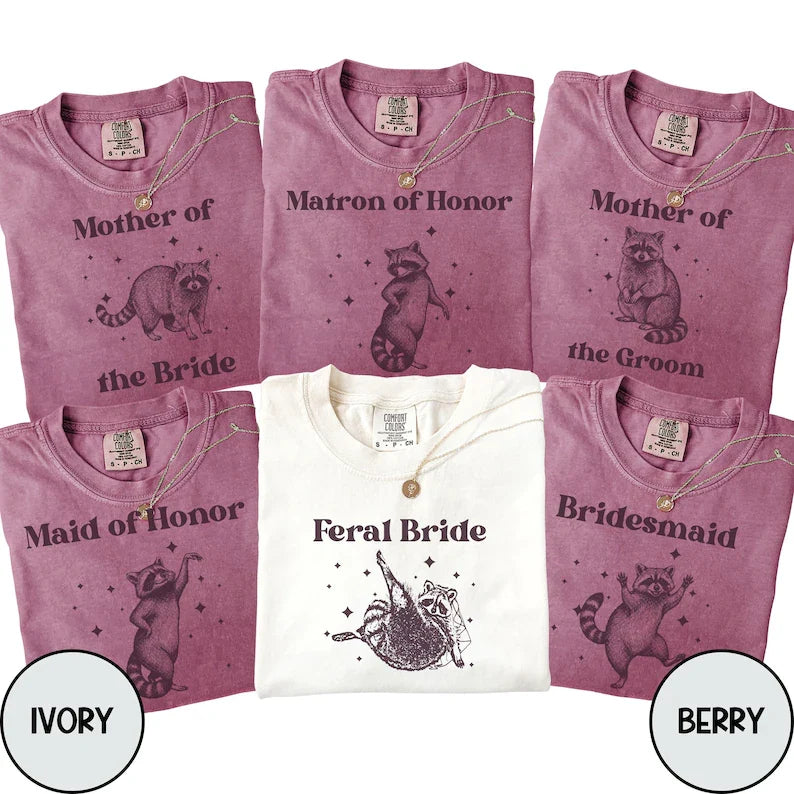 Personalized Funny Raccoon Bridal Party Shirts, Bride, Bridesmaid and Maid of Honor Matching Wedding Tees