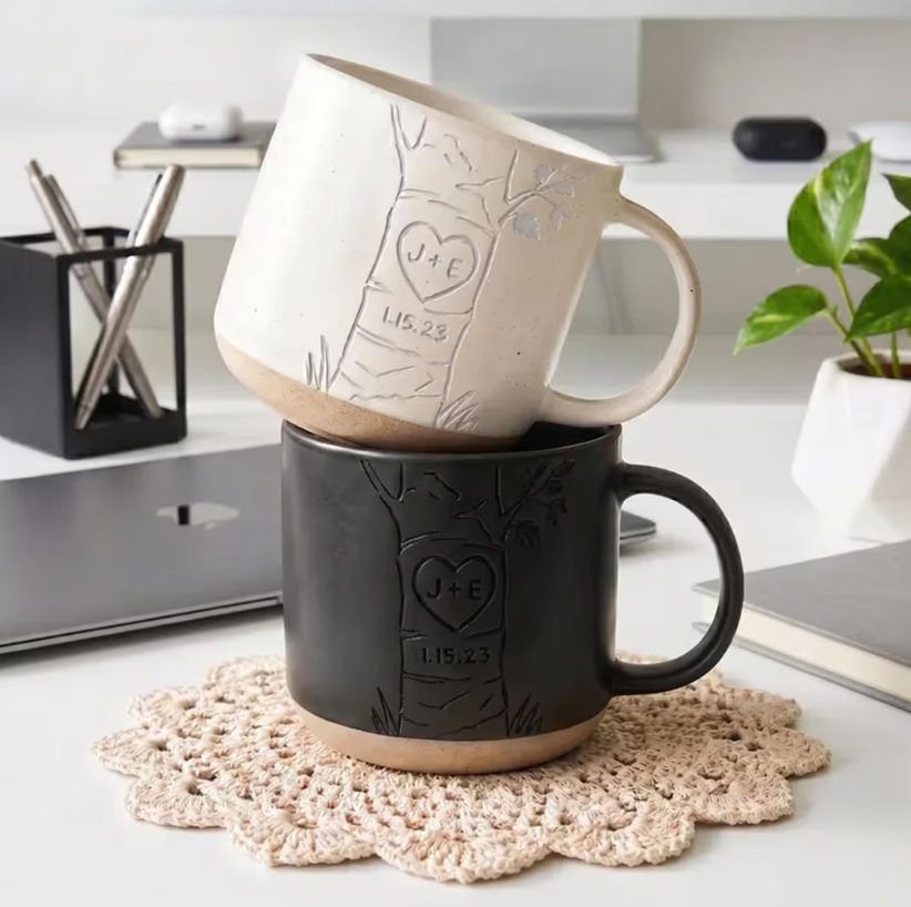 Personalized Engraved Couple Pottery Mug, Custom Carved Initials In A Heart Tree Mug, Wedding Gift, Engagement Gifts, Newlywed Gift