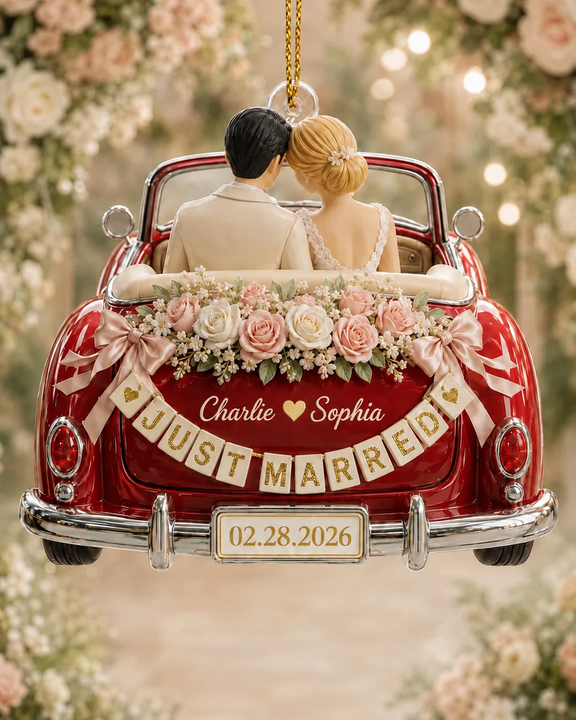 Personalized Just Married Wedding Car Ornament, 1-side Printed Acrylic Bride Groom Keepsake, Custom Date Newlywed Gift