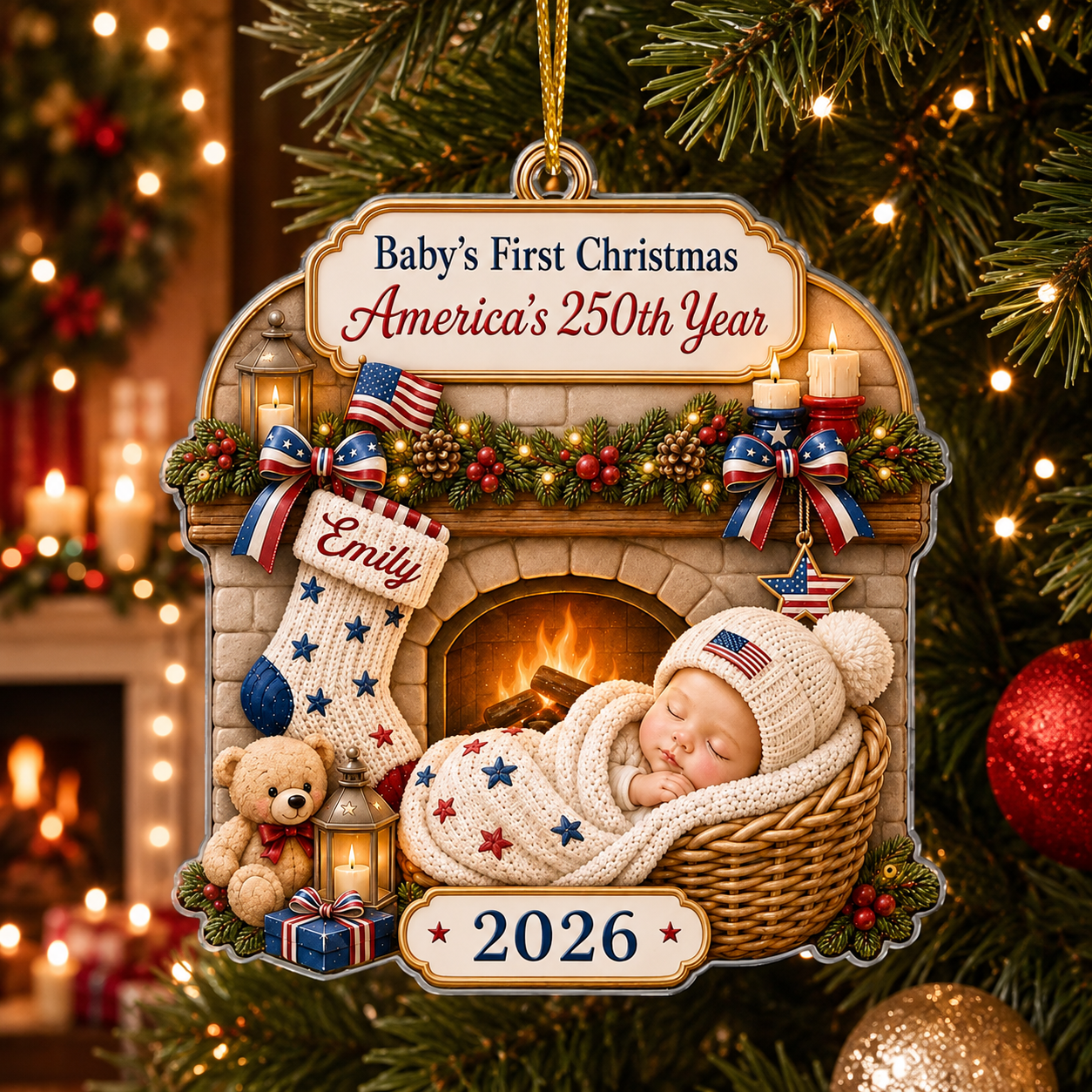 Custom Baby’s First Christmas Ornament 2026, America 250th Anniversary Newborn Gift & Family Keepsake