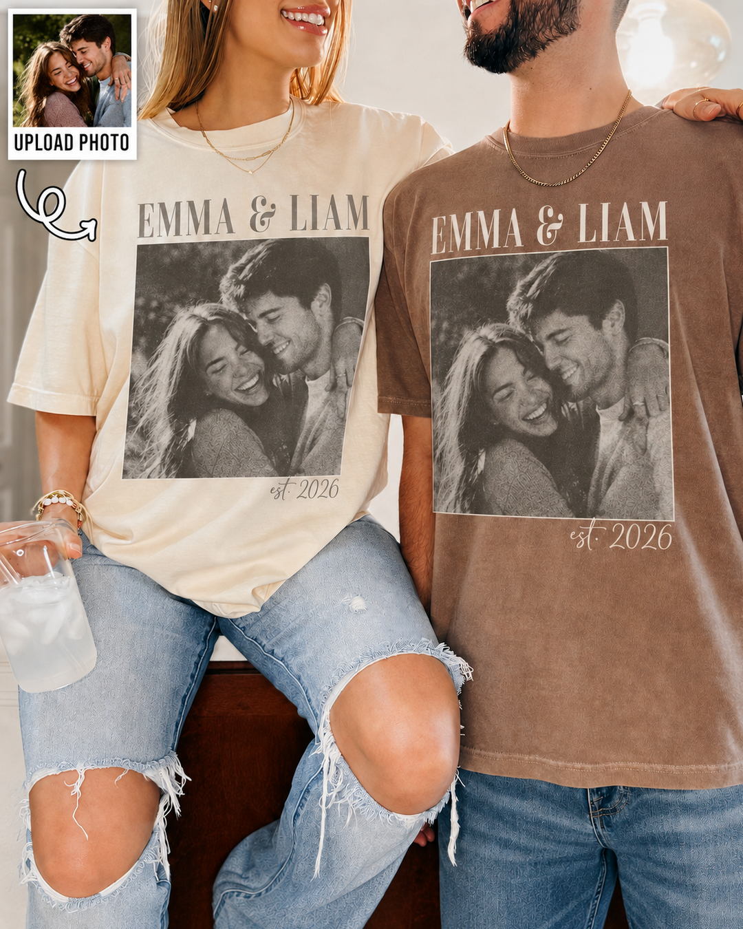 Personalized Couple Photo Shirt, Custom Names and Established Year Comfort Colors Tee