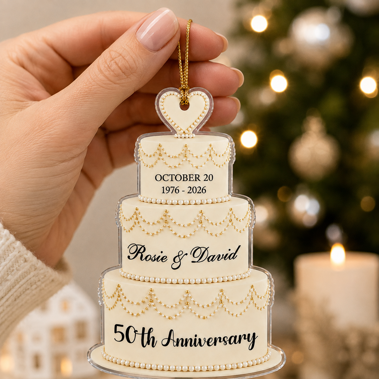 Personalized Wedding Cake Ornament for Anniversary, Custom Couple Names Date & Years Keepsake, 50th Golden Anniversary Christmas Gift