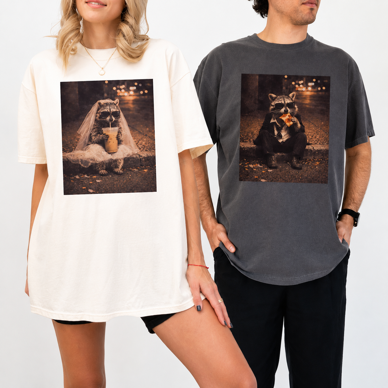 Bride and Groom Raccoon Photo Wedding Shirt, Funny Mr And Mrs Matching Tees, Feral Newlywed Honeymoon Couples Tshirt, Bride Groom Gift