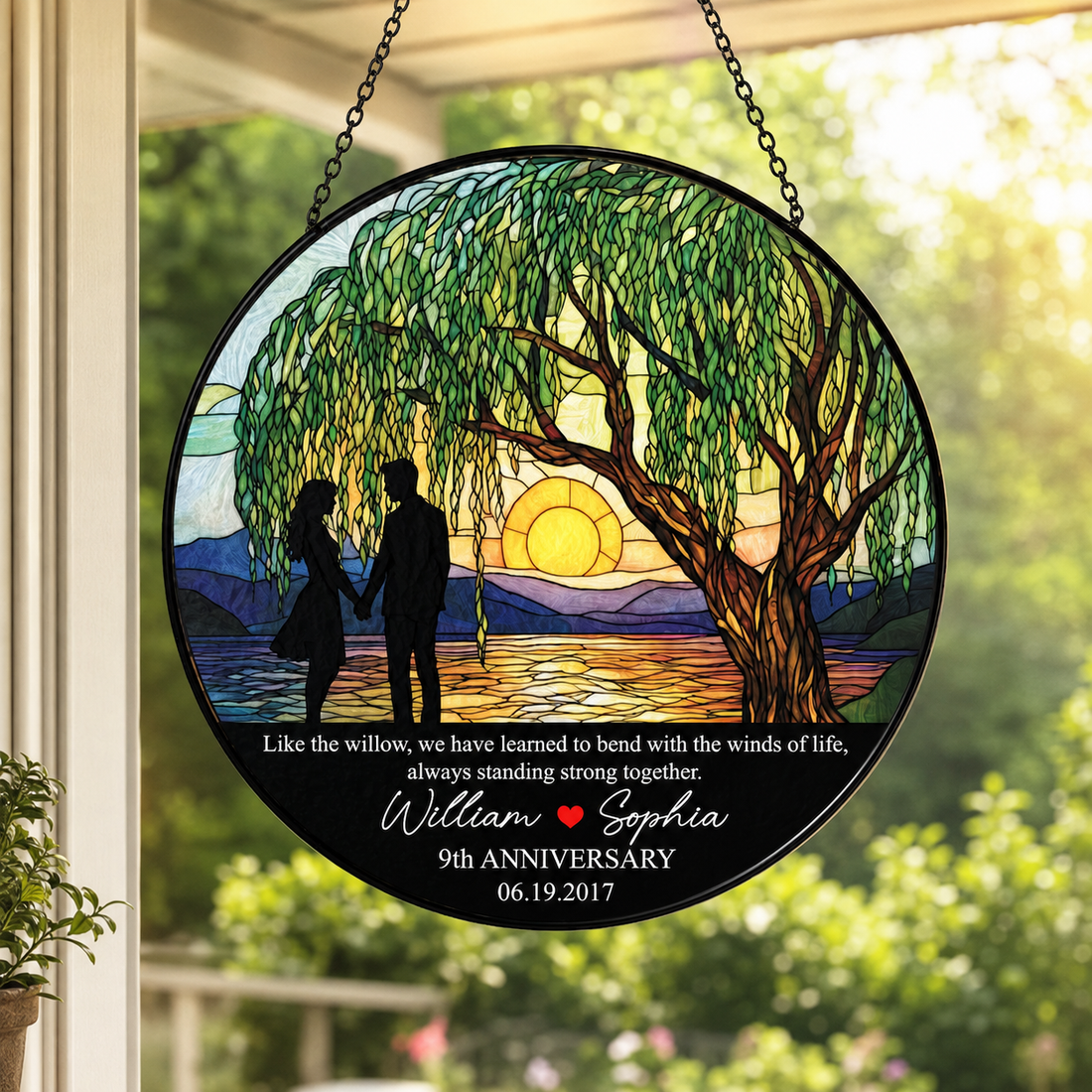 Personalized 9th Anniversary Willow Tree Stained Glass Suncatcher , Custom Couple Names Date Round Window Hanging Gift for Husband Wife