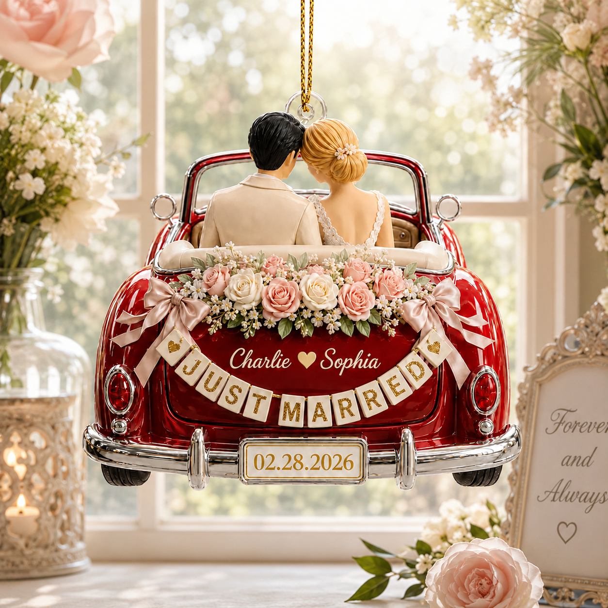 Personalized Just Married Wedding Car Ornament, 1-side Printed Acrylic Bride Groom Keepsake, Custom Date Newlywed Gift