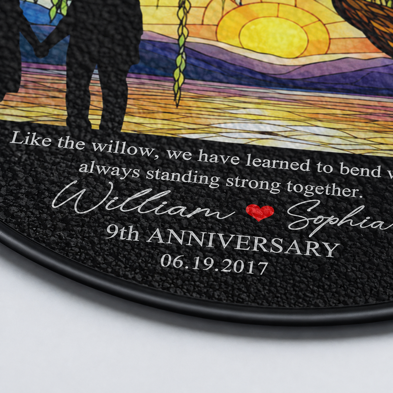 Personalized 9th Anniversary Willow Tree Stained Glass Suncatcher , Custom Couple Names Date Round Window Hanging Gift for Husband Wife