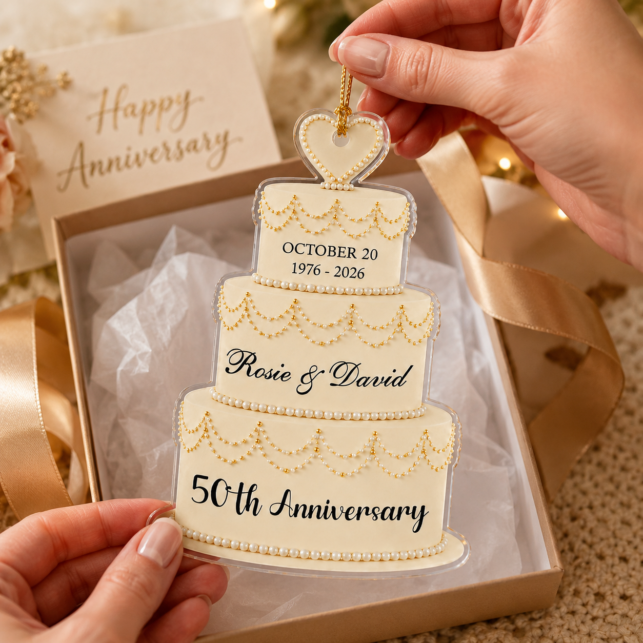 Personalized Wedding Cake Ornament for Anniversary, Custom Couple Names Date & Years Keepsake, 50th Golden Anniversary Christmas Gift