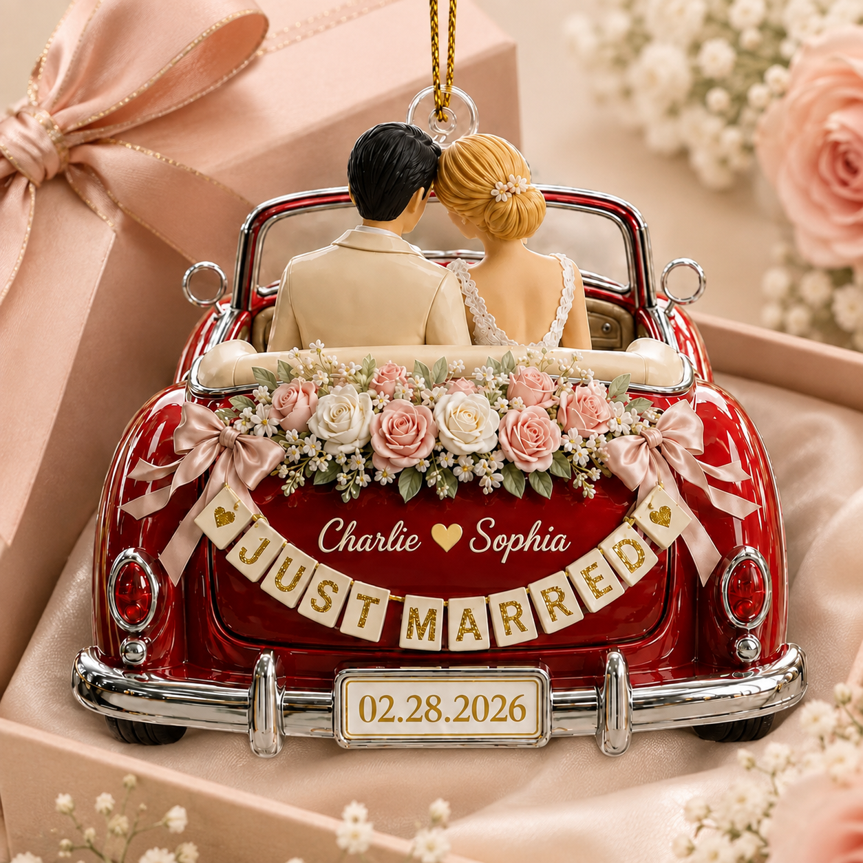 Personalized Just Married Wedding Car Ornament, 1-side Printed Acrylic Bride Groom Keepsake, Custom Date Newlywed Gift