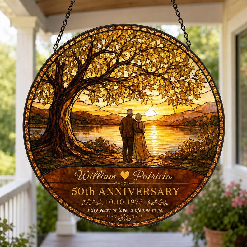 Personalized 50th Anniversary Stained Glass Suncatcher, Custom Names Wedding Date Decor