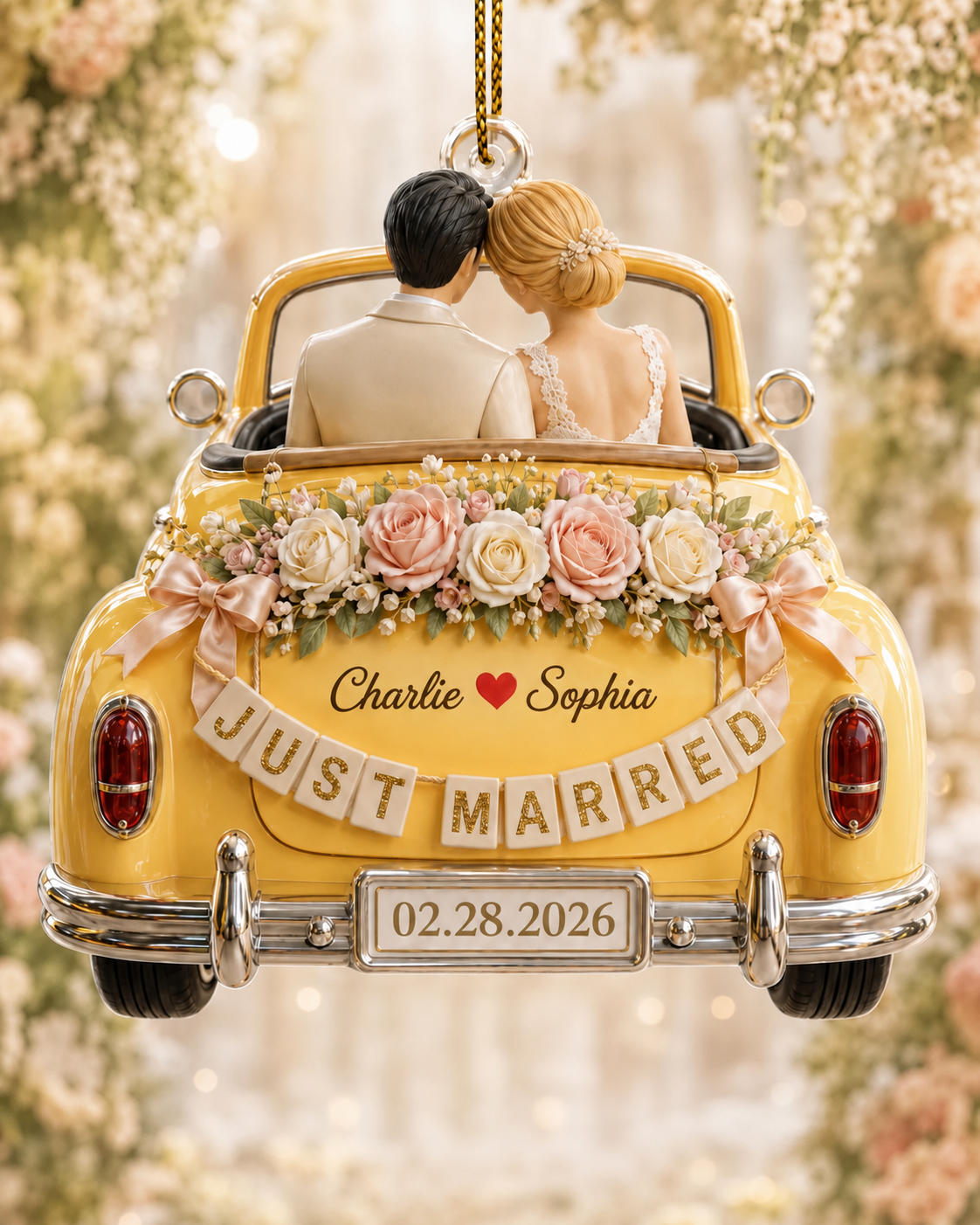 Personalized Just Married Wedding Car Ornament, 1-side Printed Acrylic Bride Groom Keepsake, Custom Date Newlywed Gift