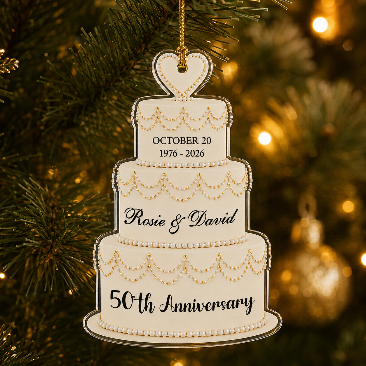 Personalized Wedding Cake Ornament for Anniversary, Custom Couple Names Date & Years Keepsake, 50th Golden Anniversary Christmas Gift