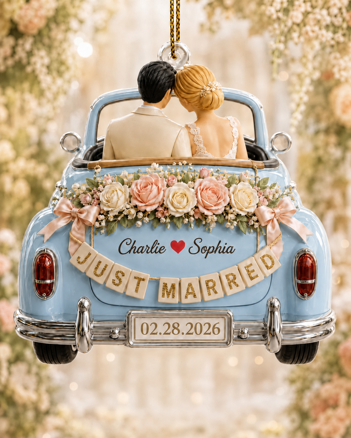 Personalized Just Married Wedding Car Ornament, 1-side Printed Acrylic Bride Groom Keepsake, Custom Date Newlywed Gift