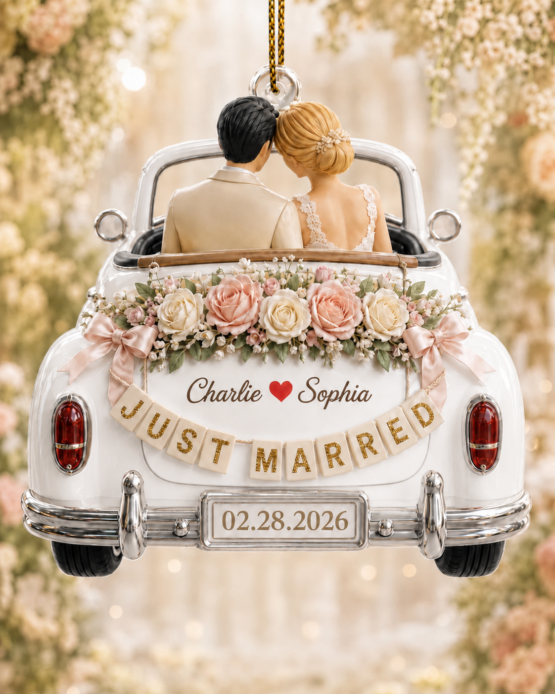 Personalized Just Married Wedding Car Ornament, 1-side Printed Acrylic Bride Groom Keepsake, Custom Date Newlywed Gift