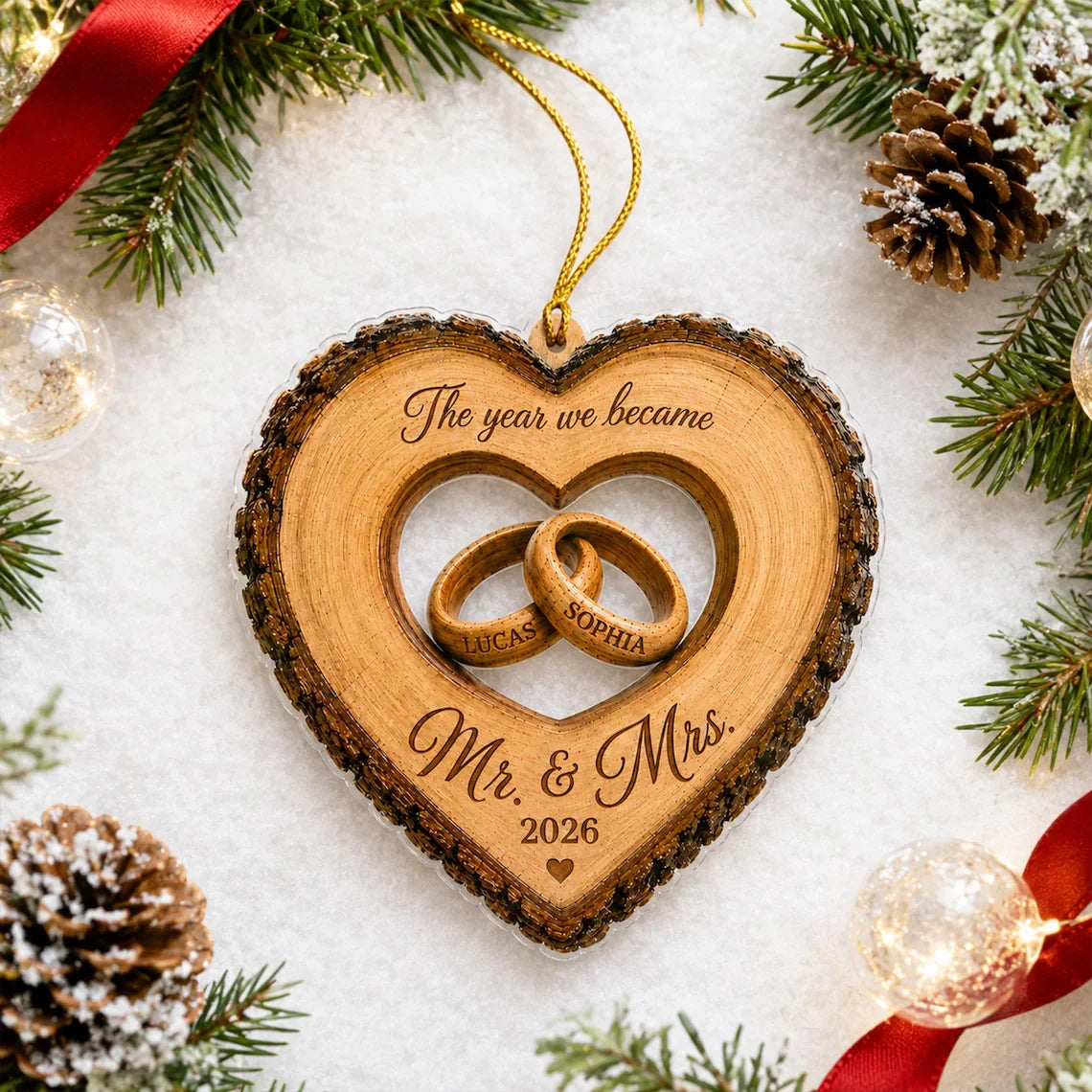Custom The Year We Became Mr & Mrs Ornament, Personalized Heart Ring Christmas Ornament, Newlywed 2026 Wedding Gift