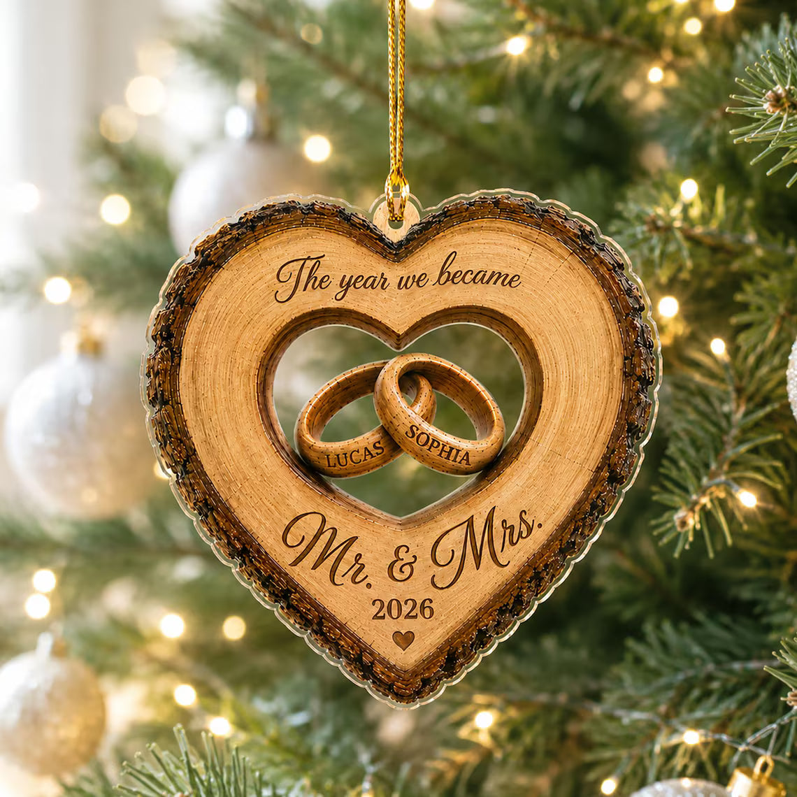 Custom The Year We Became Mr & Mrs Ornament, Personalized Heart Ring Christmas Ornament, Newlywed 2026 Wedding Gift