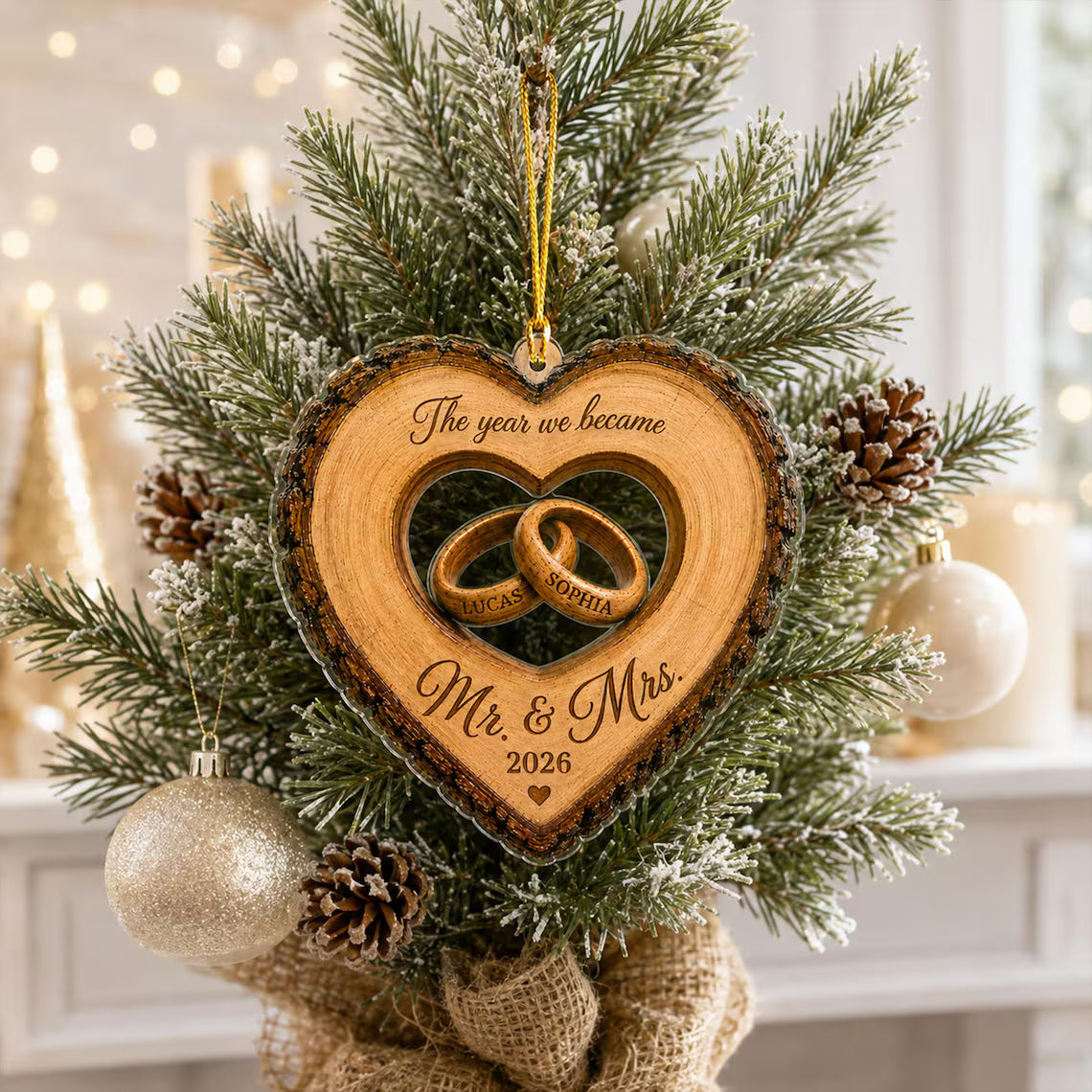 Custom The Year We Became Mr & Mrs Ornament, Personalized Heart Ring Christmas Ornament, Newlywed 2026 Wedding Gift