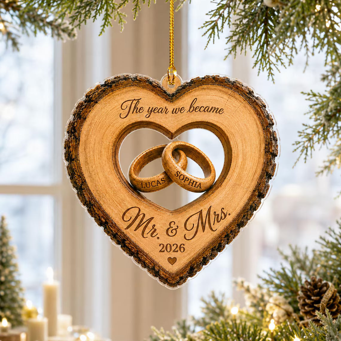 Custom The Year We Became Mr & Mrs Ornament, Personalized Heart Ring Christmas Ornament, Newlywed 2026 Wedding Gift
