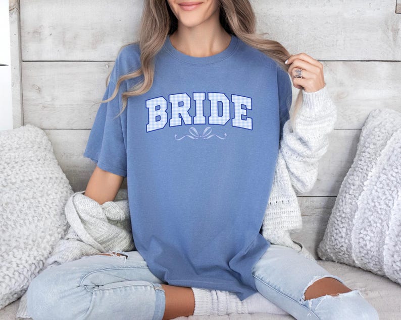Bride Shirt with Light Blue Checkered Design, Wedding Gift for Her,Engagement Gift For Anniversary, Mrs. Bride Shirt, Coquette Bow Bride Tee